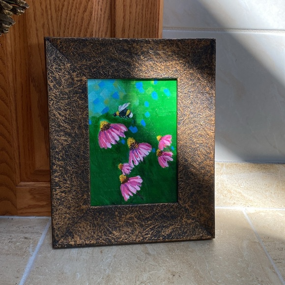 Other - Original hand painted Acrylic Framed Floral Painting with Bee. New